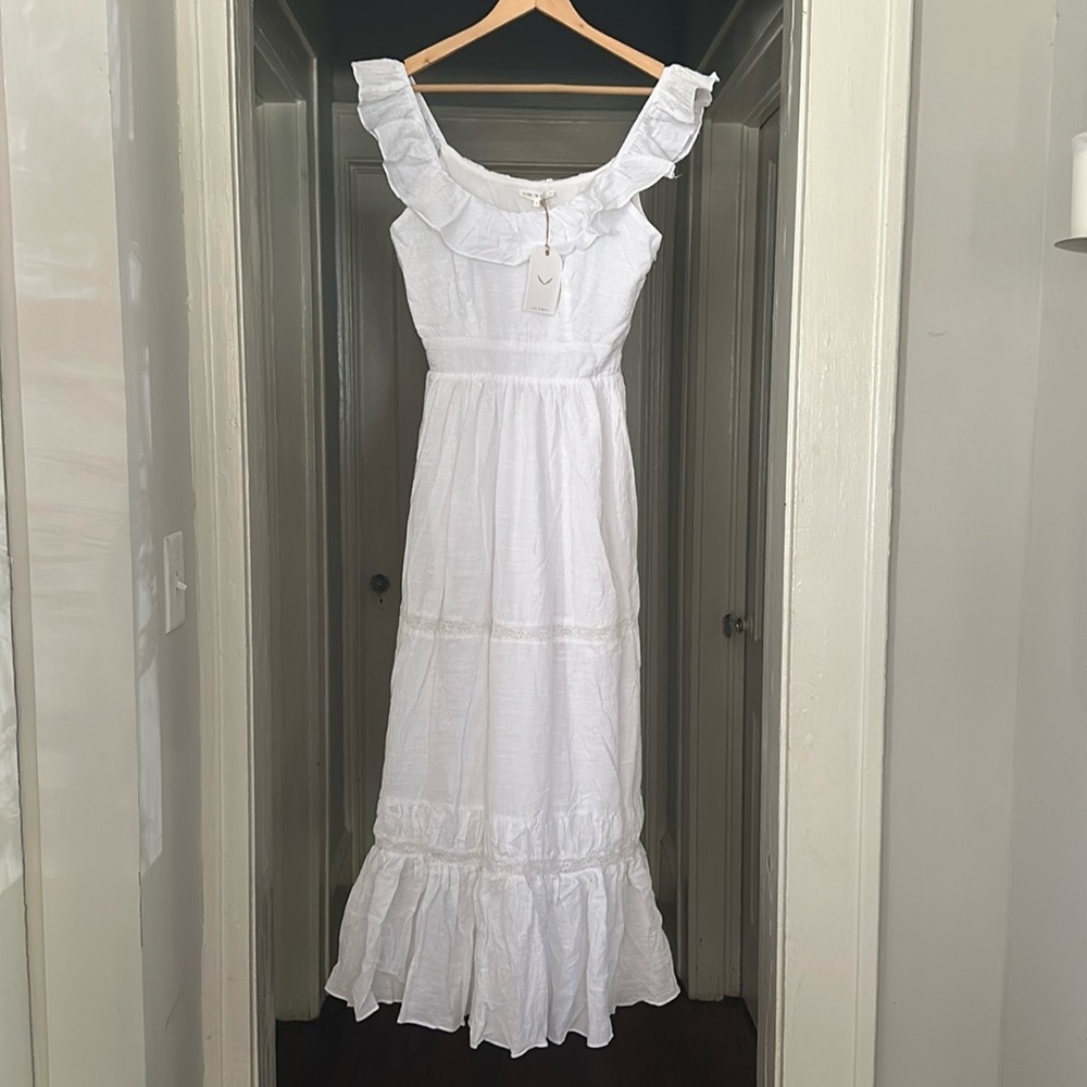 Free the Roses White Ruffle Maxi Dress Off The Shoulder